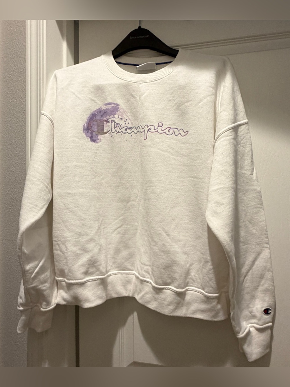 Champion White Purple Logo Crewneck Sweatshirt Size L